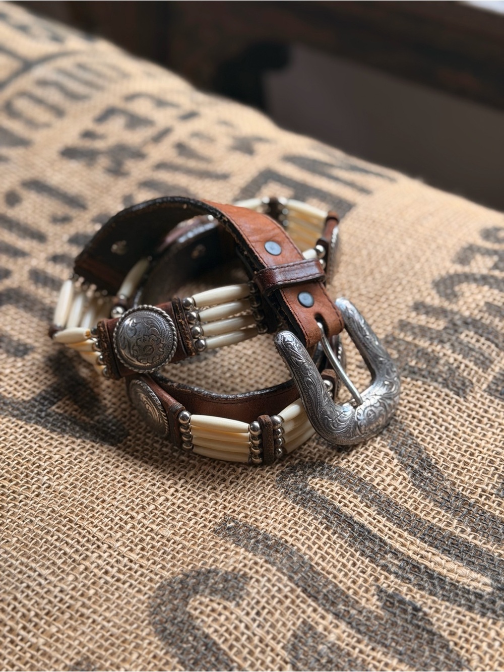 Tony Lama Brown Leather Bone Beaded Western Belt with Silver Buckle